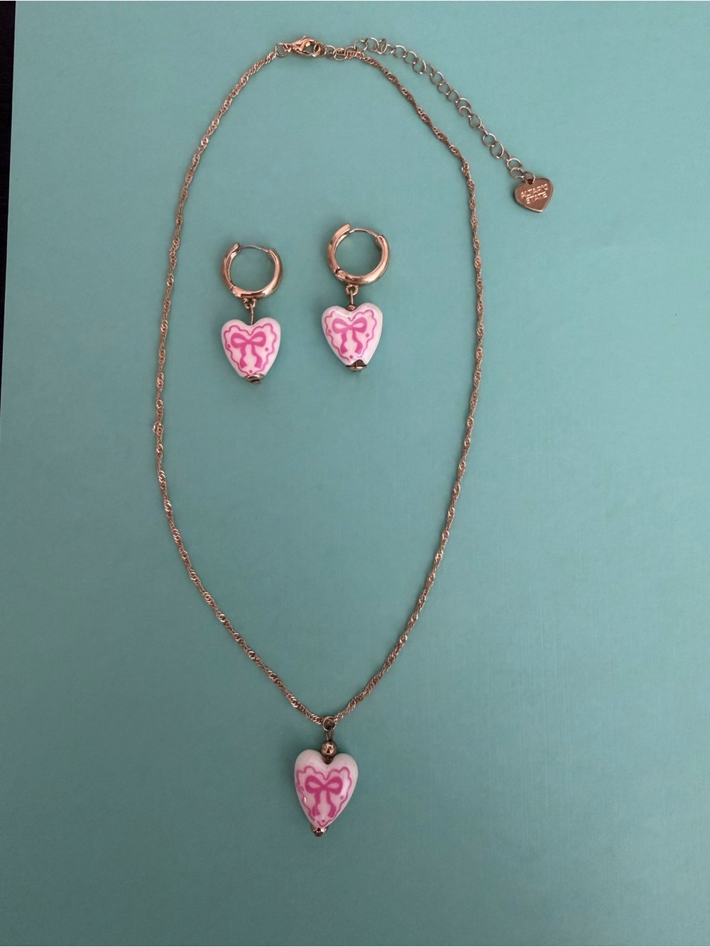 Gold-Tone Pink Heart Pendant Necklace & Hoop Earring Set